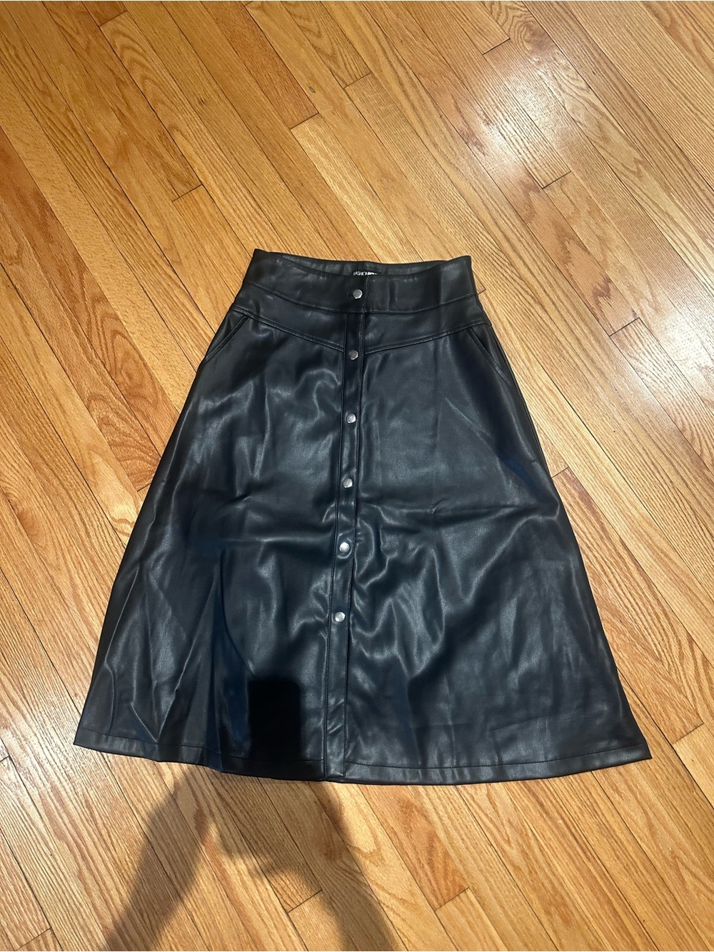 Fashion Nova Black Faux Leather Midi A-Line Skirt with Front Buttons